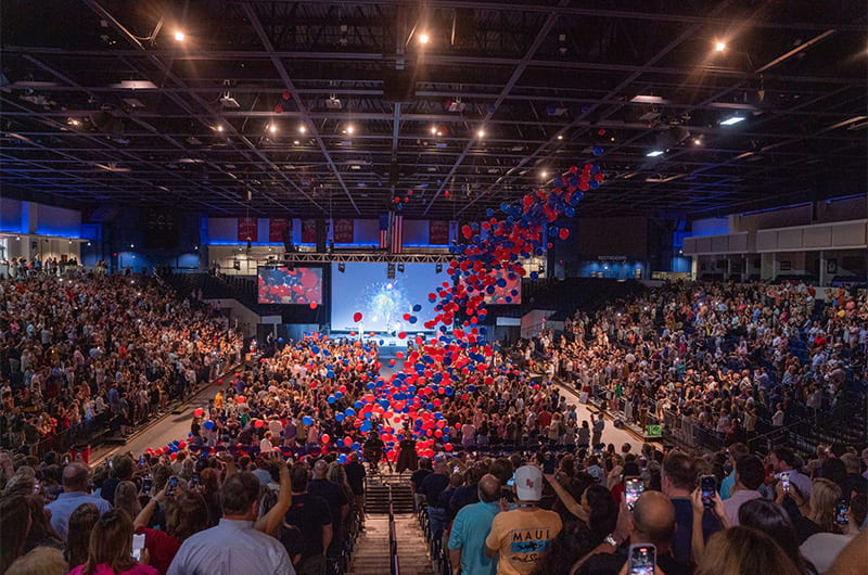 Balloons drop on the new Bruin class of 2026 at Matriculation on Sunday, August 21 in the Curb Event Center Arena.